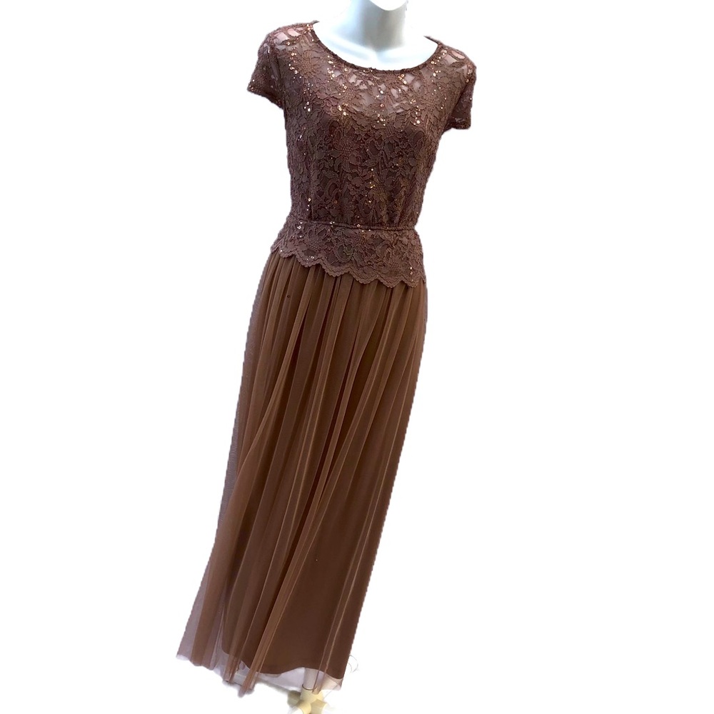 Candalite Petite lace sequin Long Beige Dress Size PL